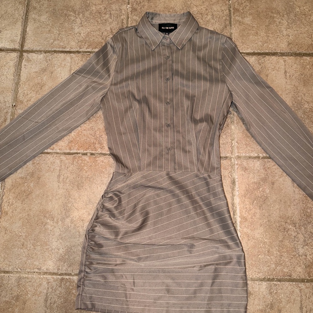 Striped Long-Sleeve Shirt Dress in Taupe - Picture 4 of 11
